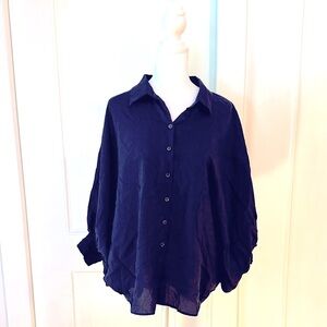 Summum  Navy Button Down Batwing Shirt